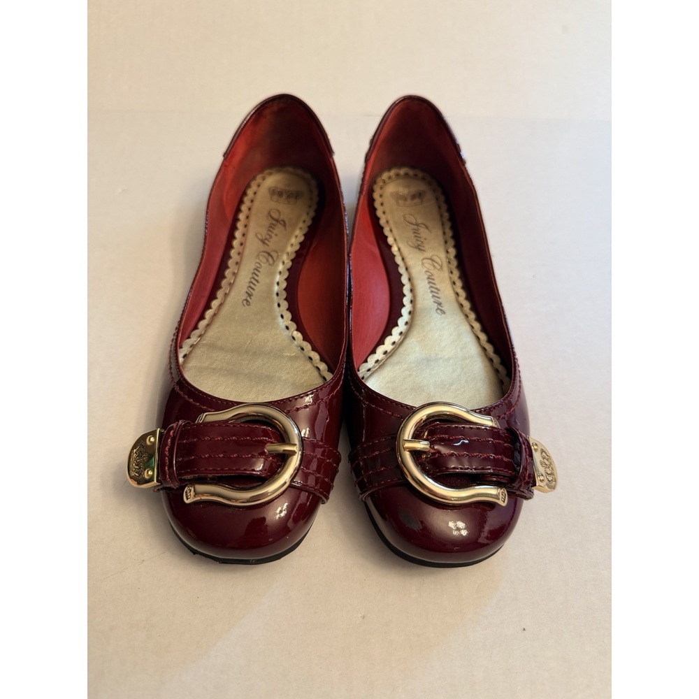 Vintage Juicy Couture Size 9.5 Burgundy Leather Ballet Flats Gold Buckle Logo